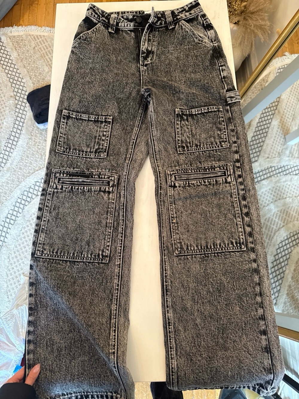 Princess Polly Men's Black Grey Acid-Wash Cargo Jeans